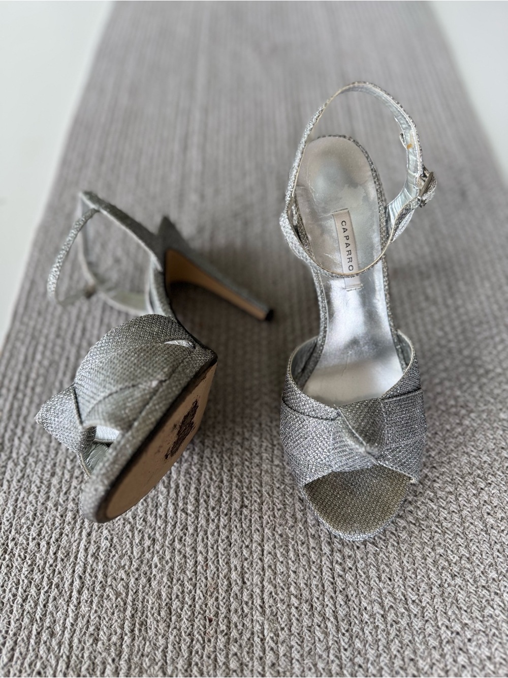 Caparros Silver Knotted High Heels Ankle Strap Sandals Sz 8